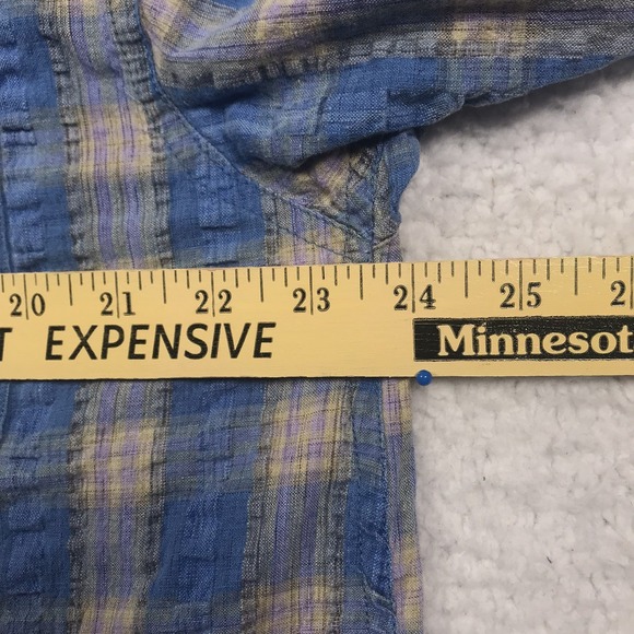 VTG 90s JAB Button Shirt Mens L Blue Tan Plaid SEERSUCKER Short Sleeve Casual - Picture 9 of 11